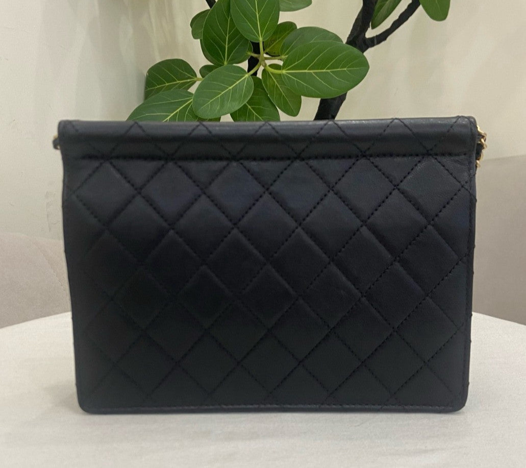 Chanel Classic Flap PM Lambskin Pearl Chain Shoulder Bag Black Gold Women