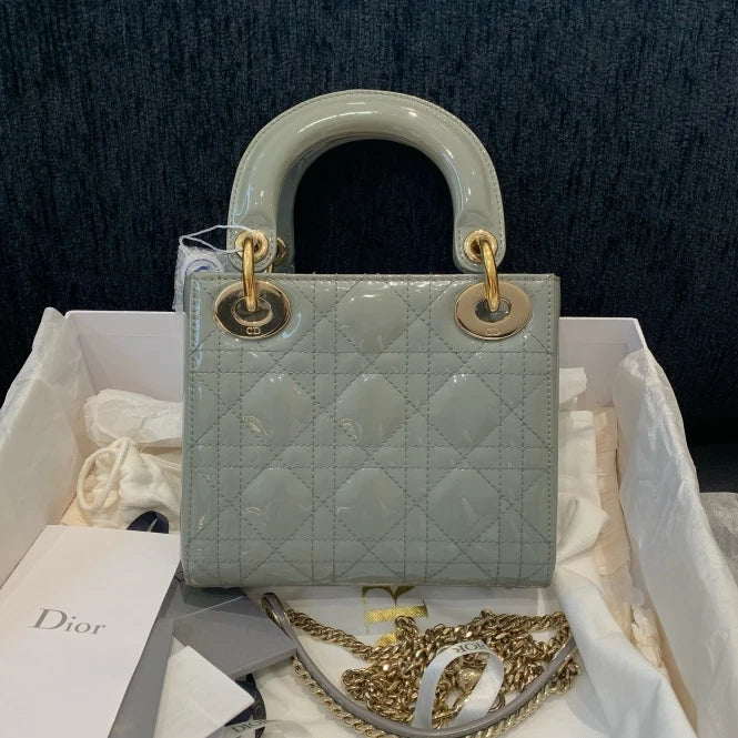 Christian Dior Lady Dior Patent Chain Crossbody Top Handle Bag Gray Gold Women D