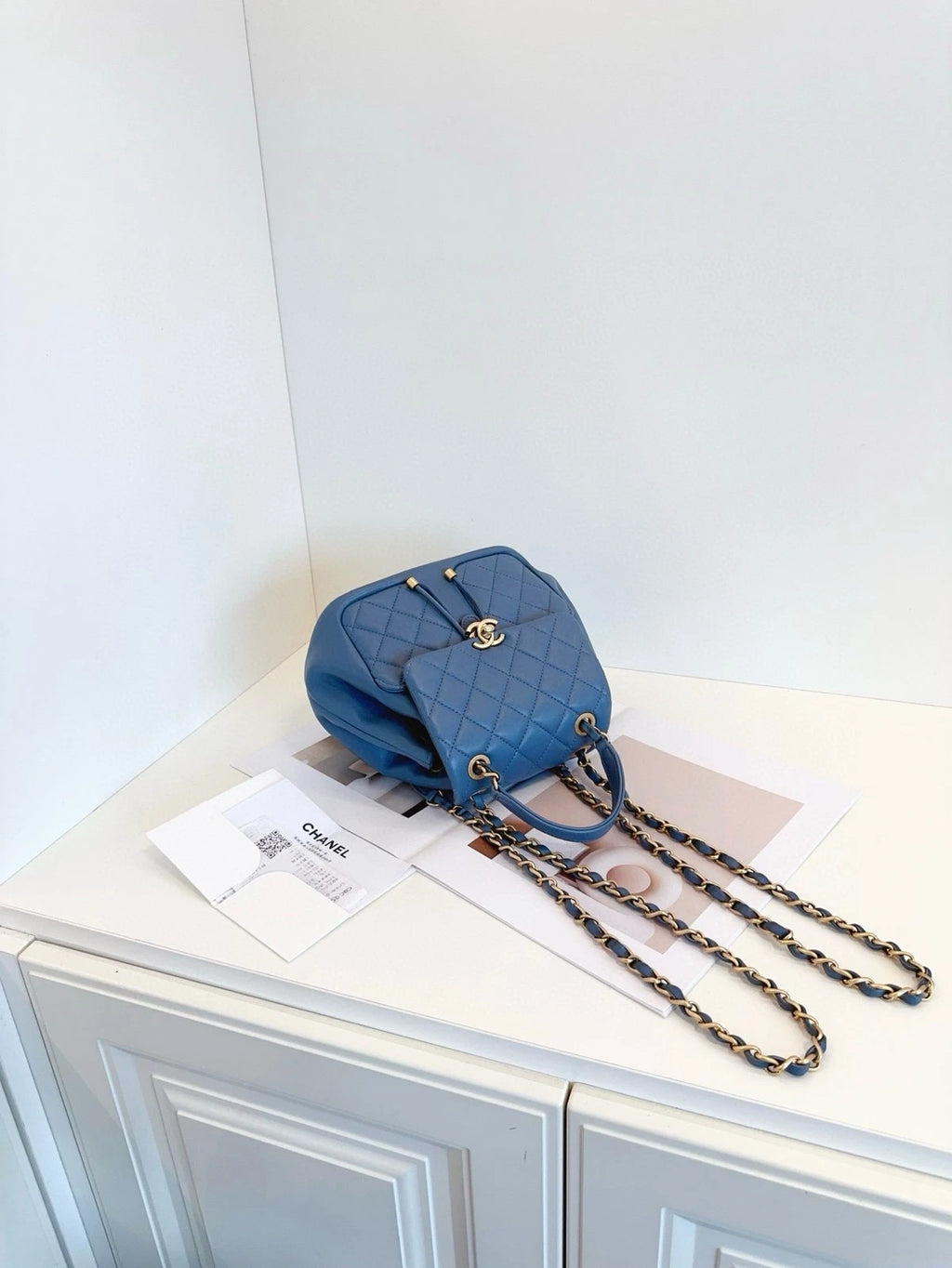 CHANEL Dusty Blue Gold Chain Backpack For Women