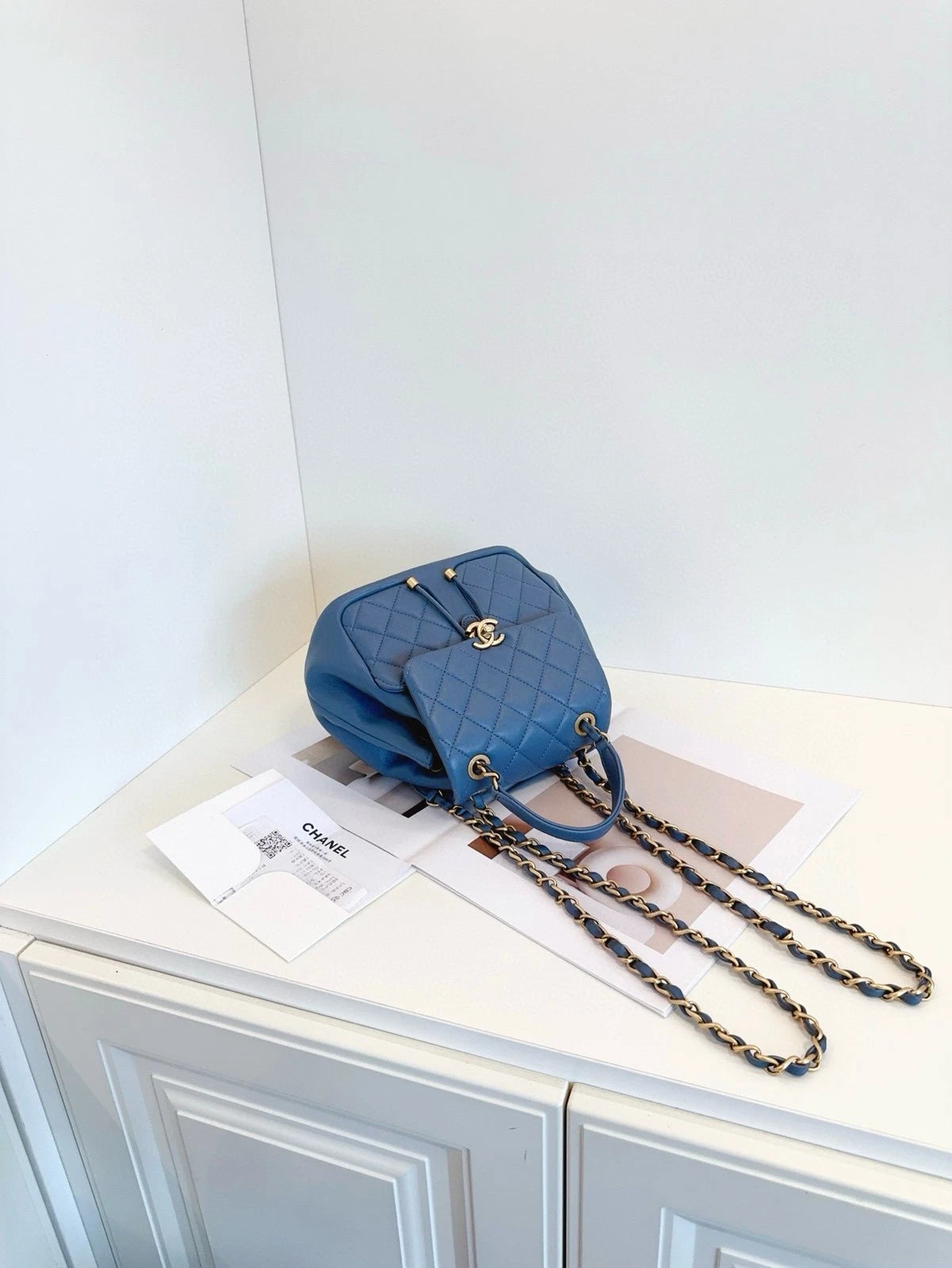 CHANEL Dusty Blue Gold Chain Backpack For Women