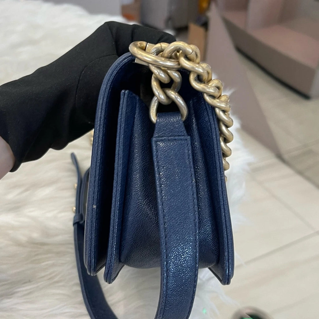 Chanel Le Boy Small Blue Gold Chain Shoulder Crossbody Bag Classic