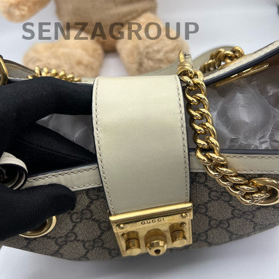 Gucci Padlock Chain Shoulder Bag White Brown Gold Hardware Classic Women
