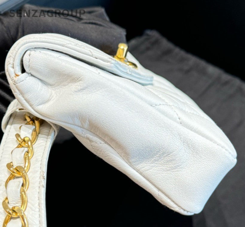Chanel Diamond Lambskin Waist Bag Crossbody White Gold Women Classic Vintage