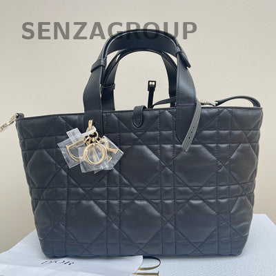 Dior Medium Toujours Black Gold Calfskin Cannage Tote Bag