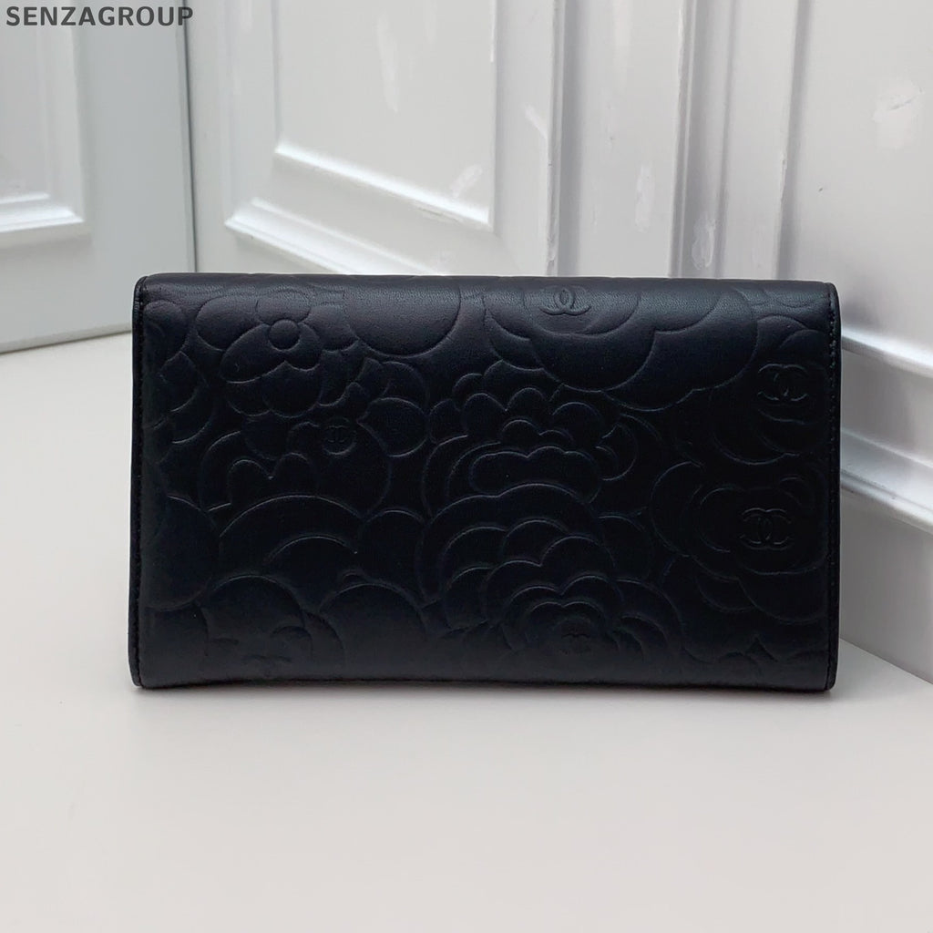 Chanel Camellia Print Black Silver Wallet Clutch Women's Classic