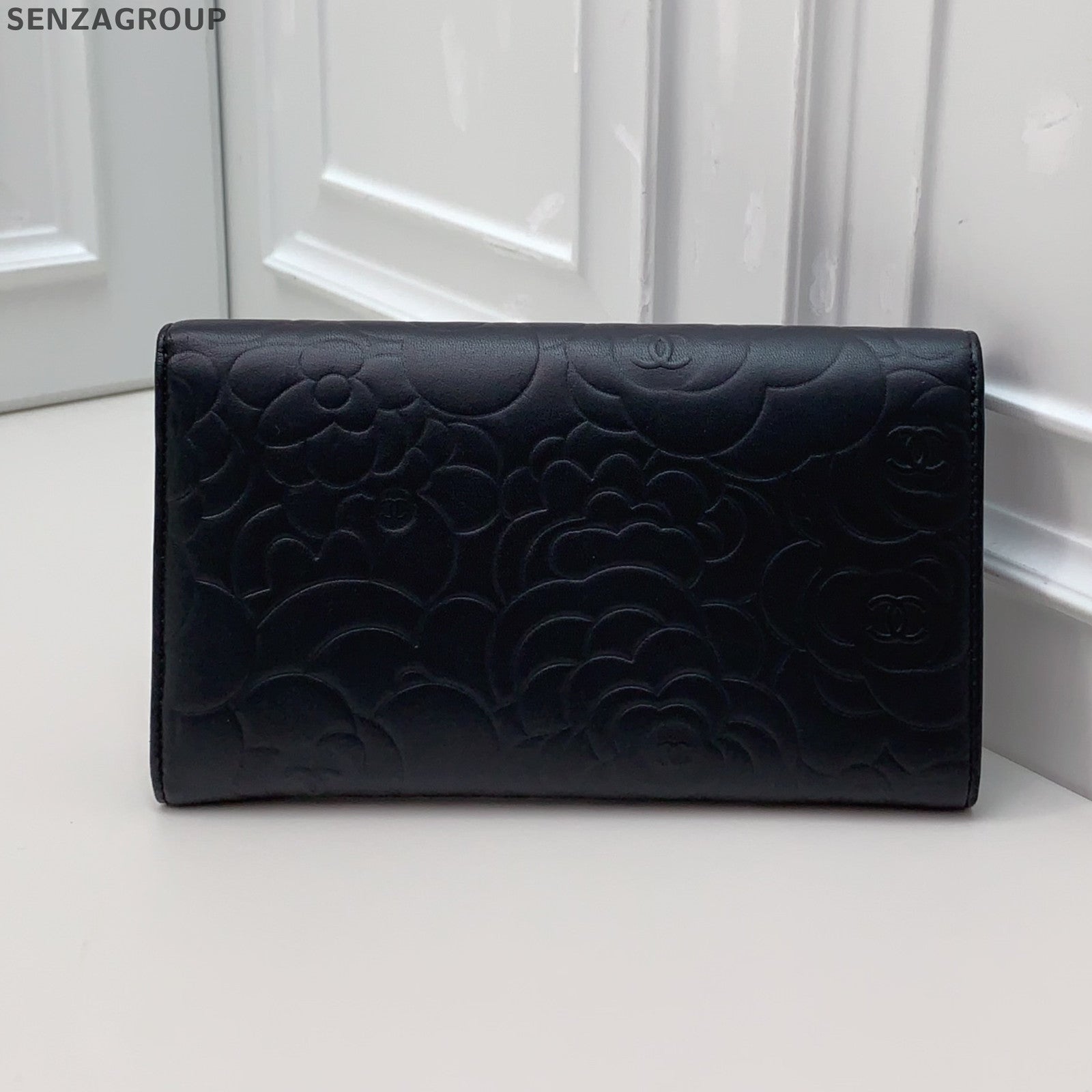 Chanel Camellia Print Black Silver Wallet Clutch Women's Classic