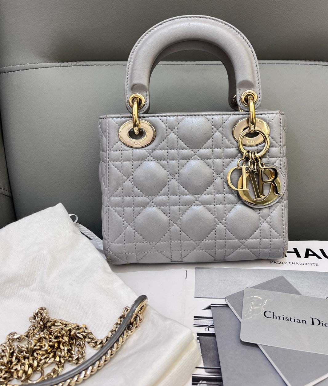 Christian Dior Lady Top Handle 2way Chain Shoulder Handbag Grey Women