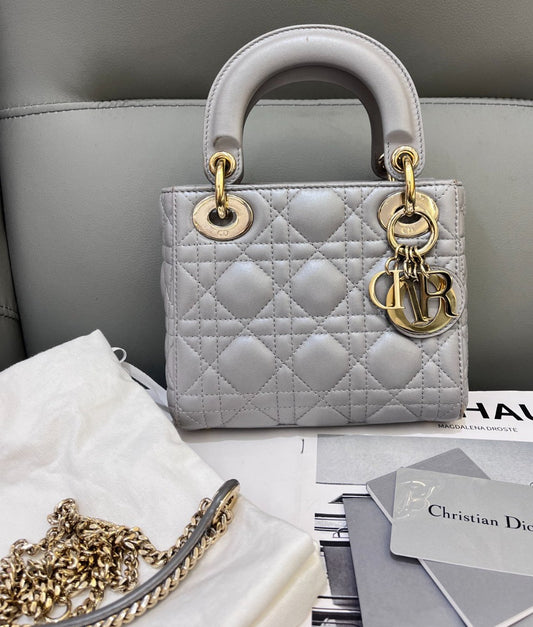 Christian Dior Lady Top Handle 2way Chain Shoulder Handbag Grey Women
