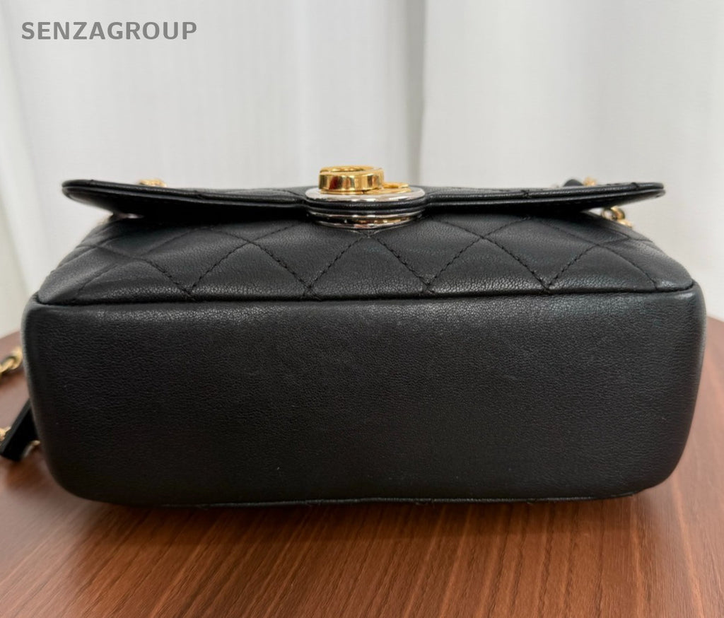 Chanel Diamond PM Calfskin Camera Chain Shoulder Bag Black Gold Women Classic