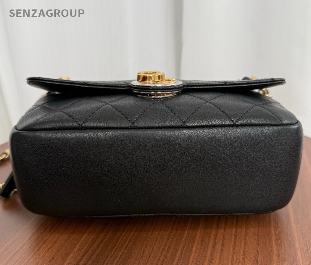 Chanel Diamond PM Calfskin Camera Chain Shoulder Bag Black Gold Women Classic