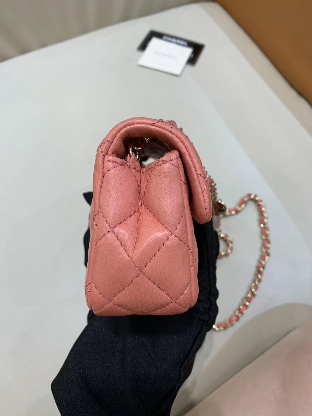 CHANEL Peach Pink Gold Buckle Mini Heart Badge Crossbody Bag Women