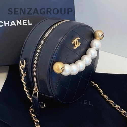 Chanel Pearl Round Bag Chain 2Way Shoulder Bag Black Gold Used Women Designer