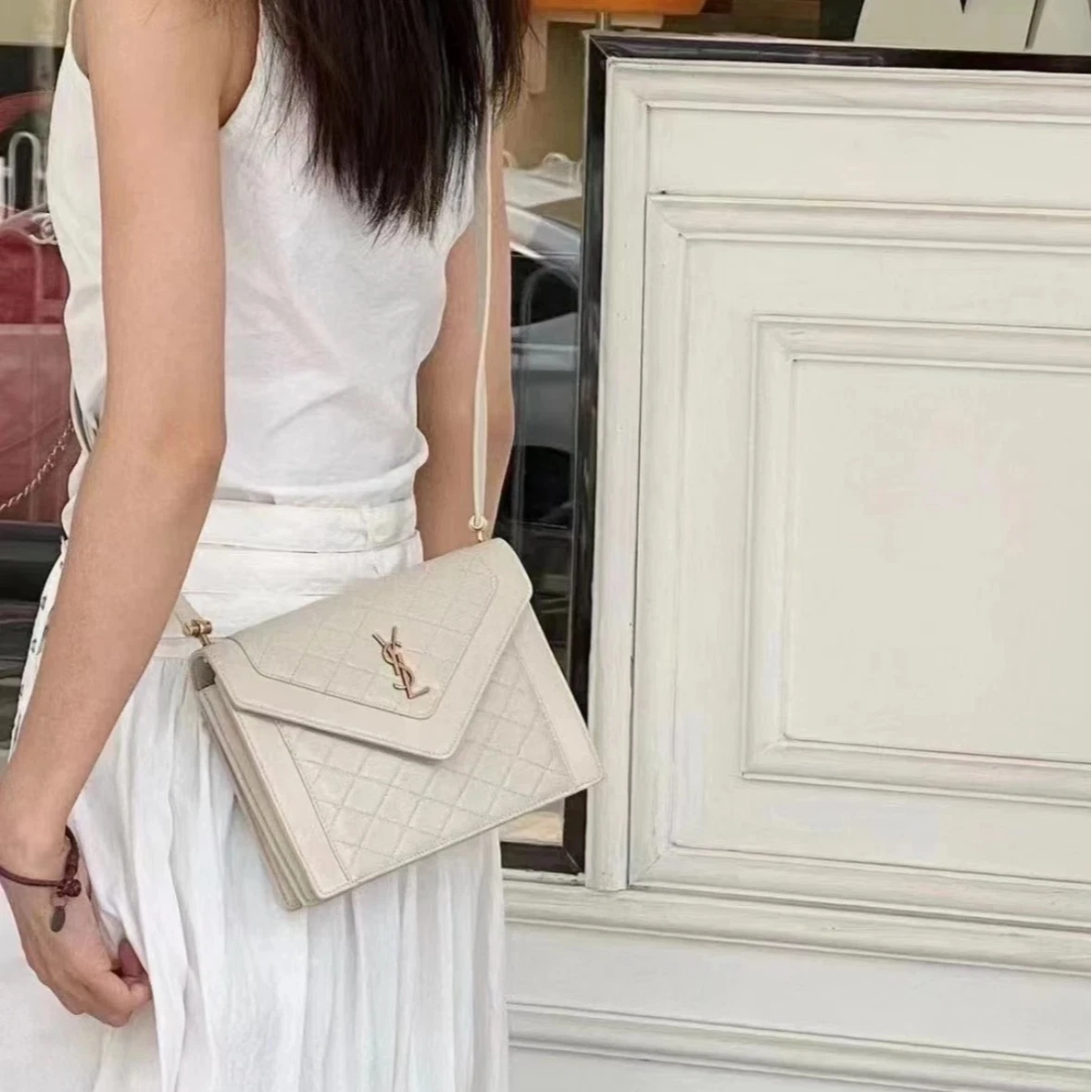 Saint Laurent Gaby PM Lambskin Shoulder Crossbody Bag White Gold Women