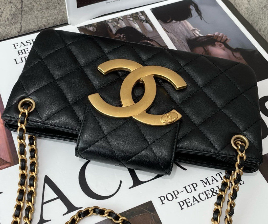 Chanel Classic Flap 24C Lambskin Chain Crossbody Shoulder Bag Black Gold Women