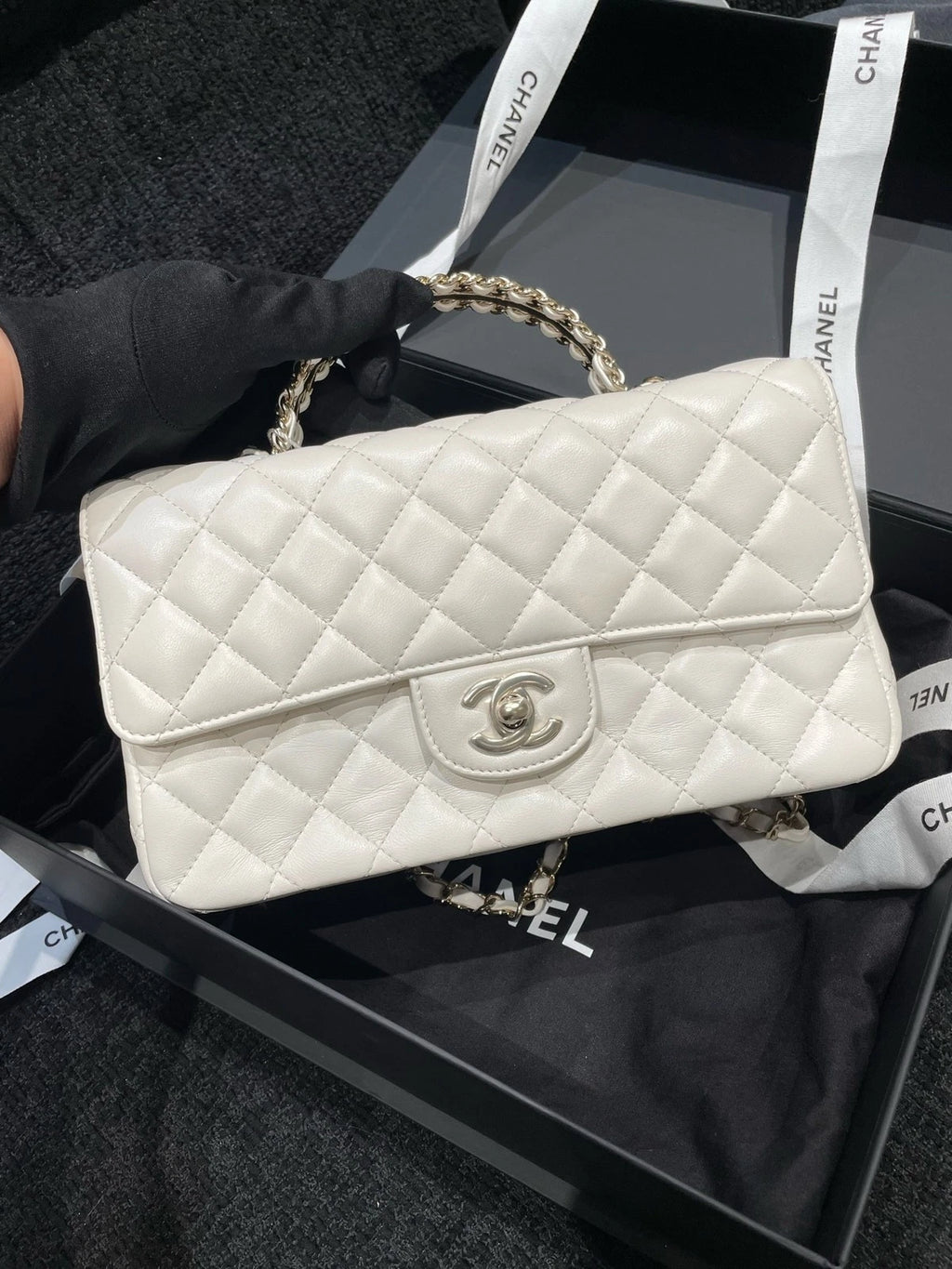 CHANEL Lambskin Rhinestone Handle White Gold CF Bag For Women