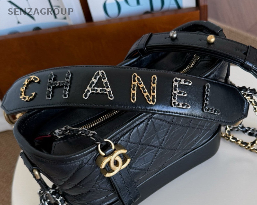 Chanel Gabrielle PM Chain Shoulder Bag Black Gold Diamond Women Classic Fashion