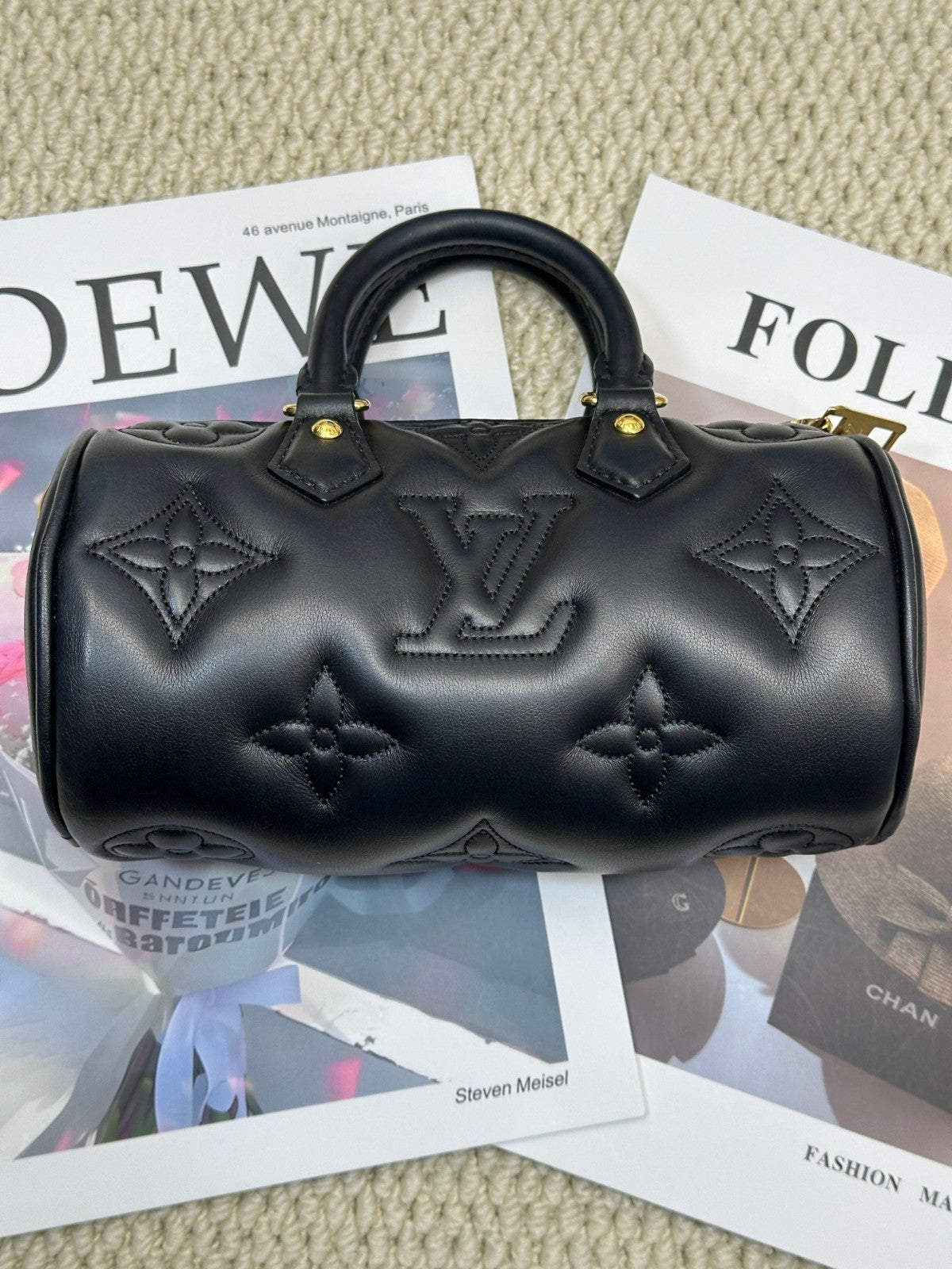 Louis Vuitton Papillon BB All Leather Top Handle Chain Shoulder Handbag Black