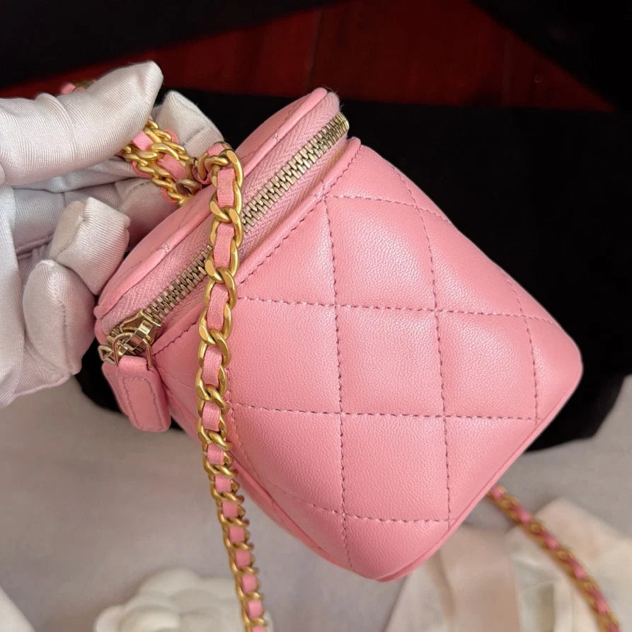 Chanel Vanity Case Diamond Chain Crossbody Top Handle Bag Pink Gold Women