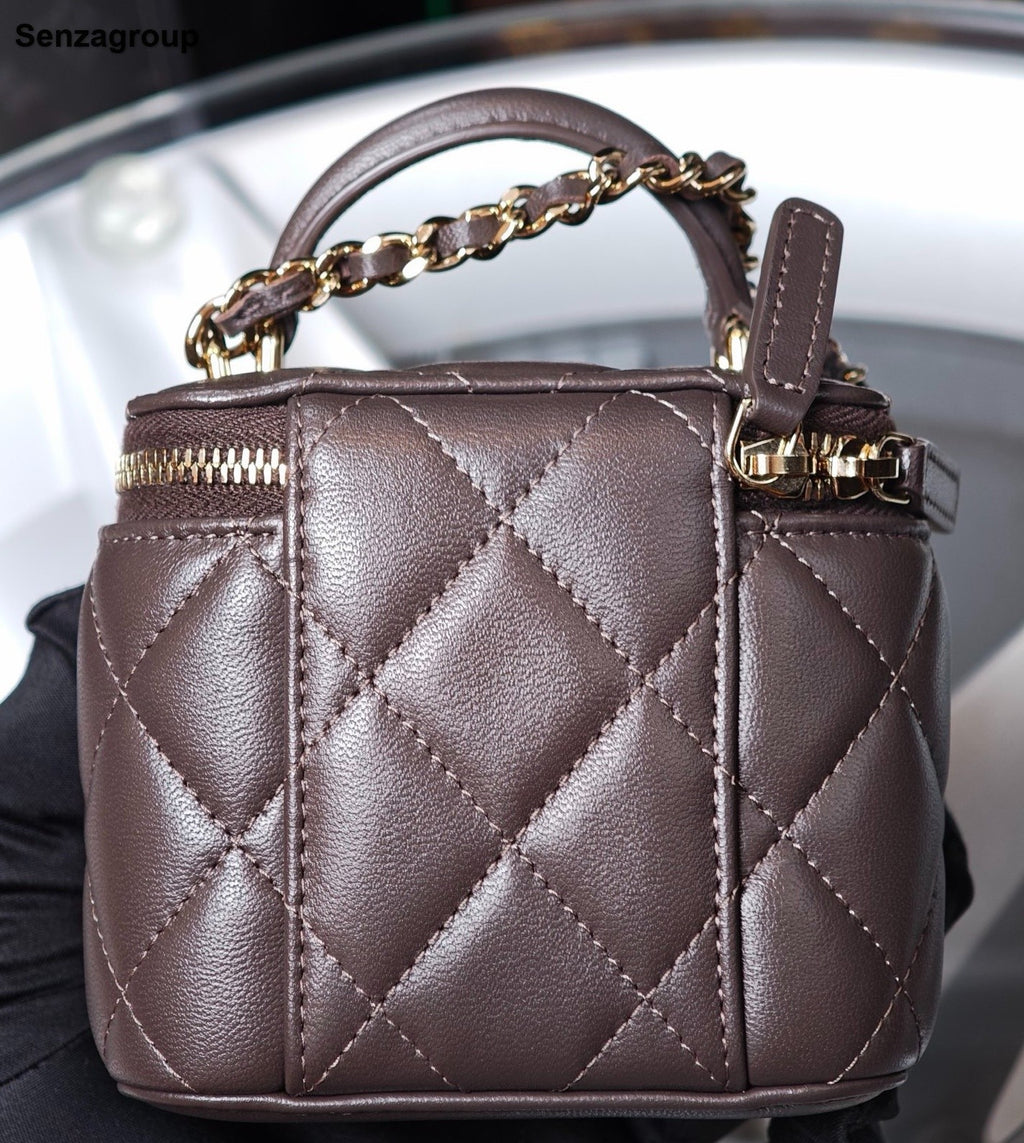 CHANEL Lambskin Chain Crossbody Top Handle Bag Dark Brown Gold Women Classic