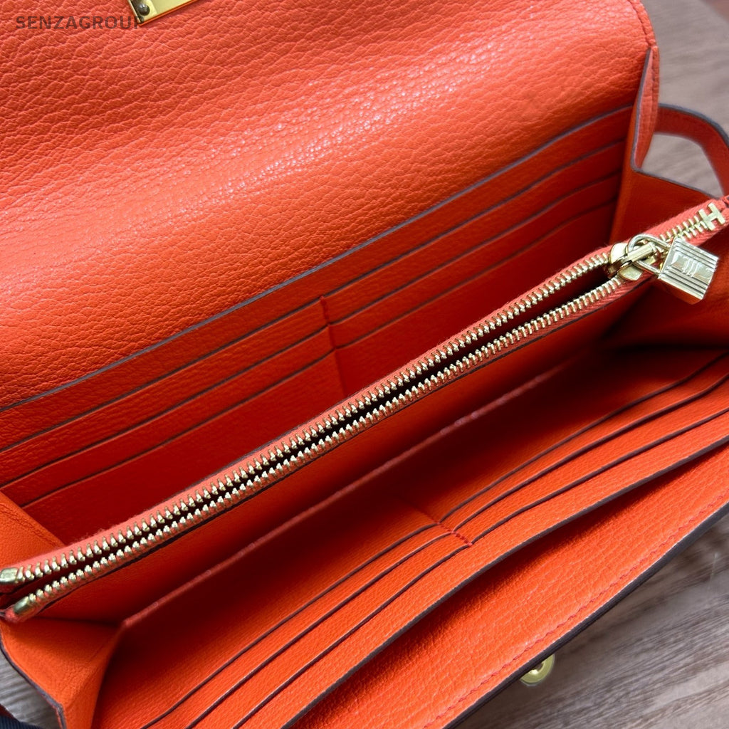 Hermes Kelly Long Wallet Goatskin Orange Gold Women Pouch