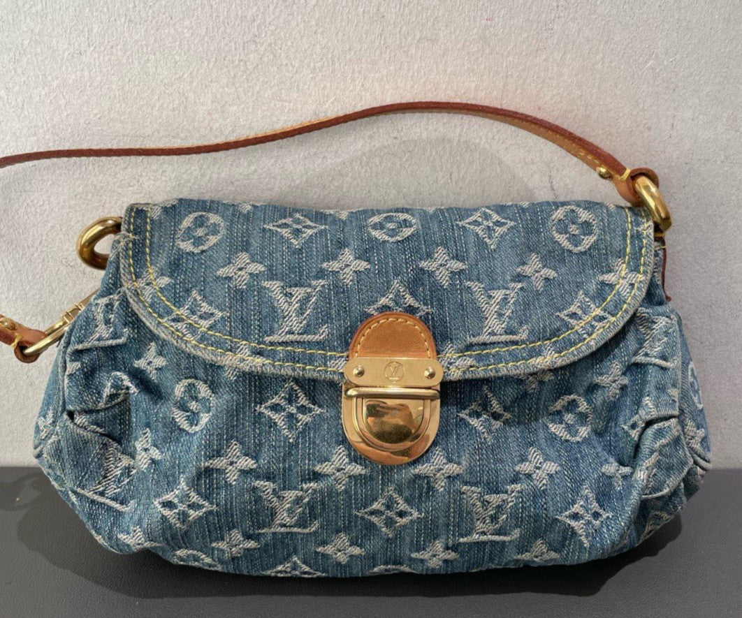 Louis Vuitton Monogram Vintage Shoulder Bag Blue Gold Women Classic