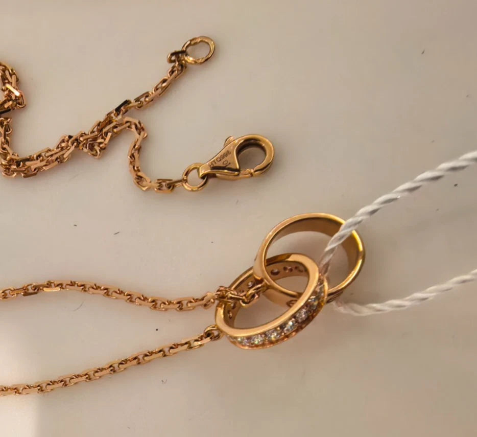 Cartier Love 18K Rose Gold Necklace with Diamonds Double Round Ring Pendant