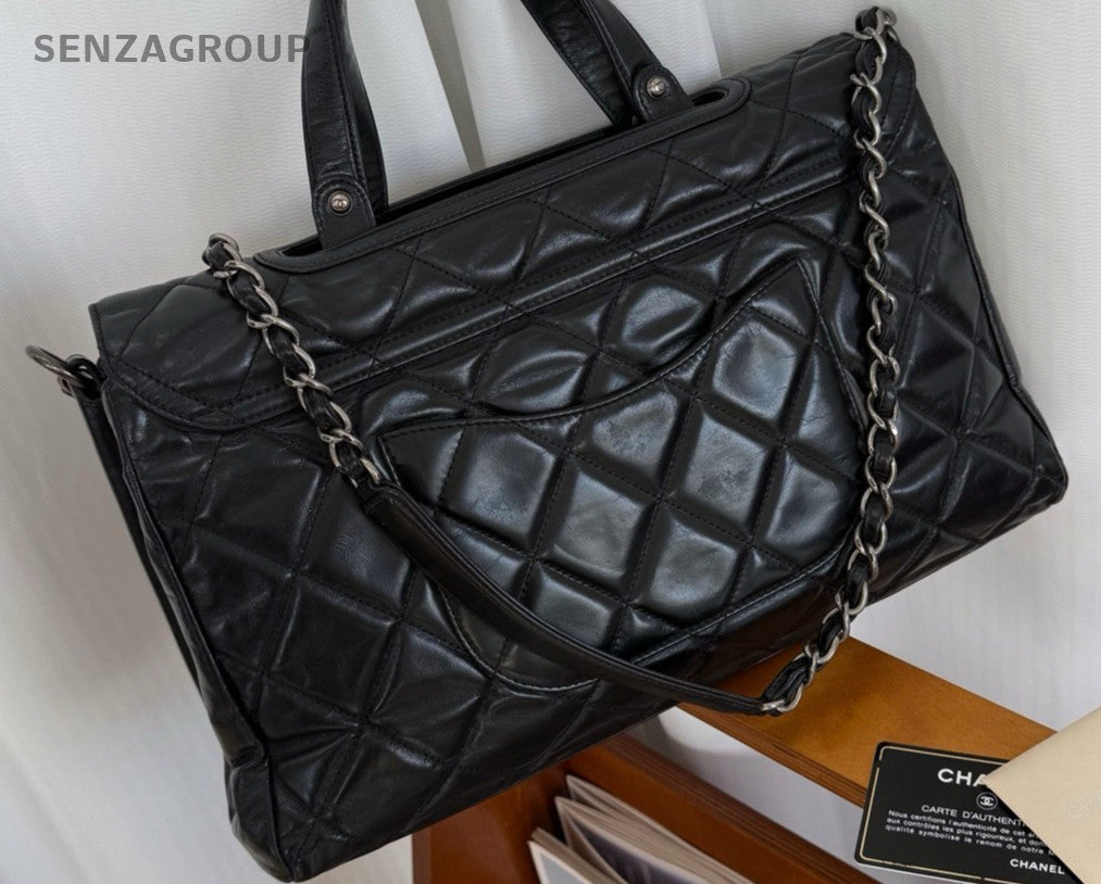 Chanel Calfskin Satchel Top Handle Bag Chain Crossbody Black Unisex Adults
