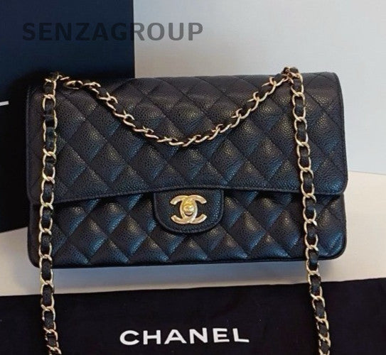 Chanel Classic Flap MM Chain Shoulder Bag Crossbody Black Gold Used Women