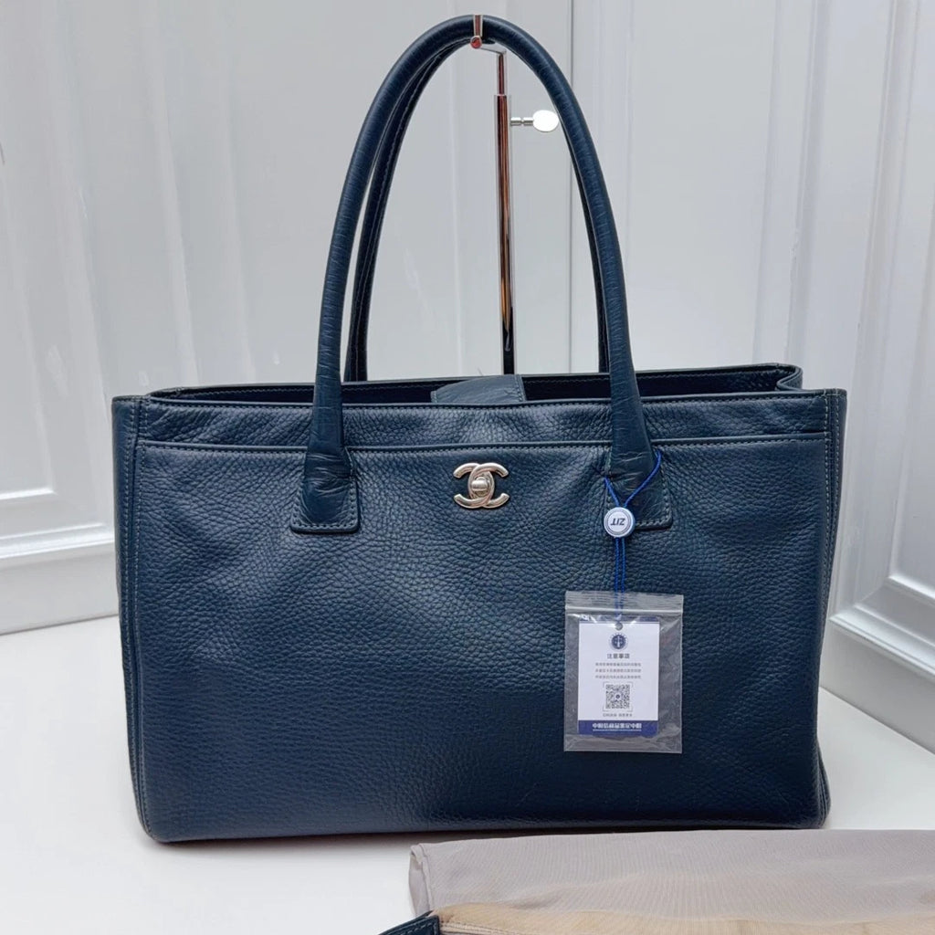 Chanel Cerf Tote Calfskin Shoulder Bag Blue Silver Hardware Women Classic
