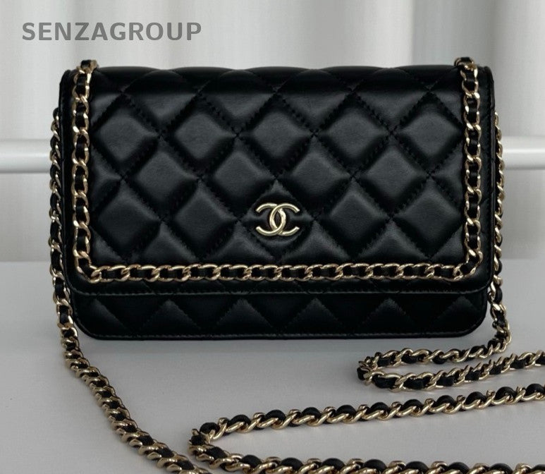 Chanel WOC Chain Shoulder Bag Crossbody Black Gold Women Classic Diamond