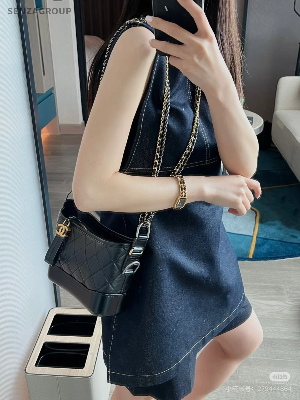 CHANEL Gabrielle PM Diamond Pattern Chain Shoulder bag Black Silver Women