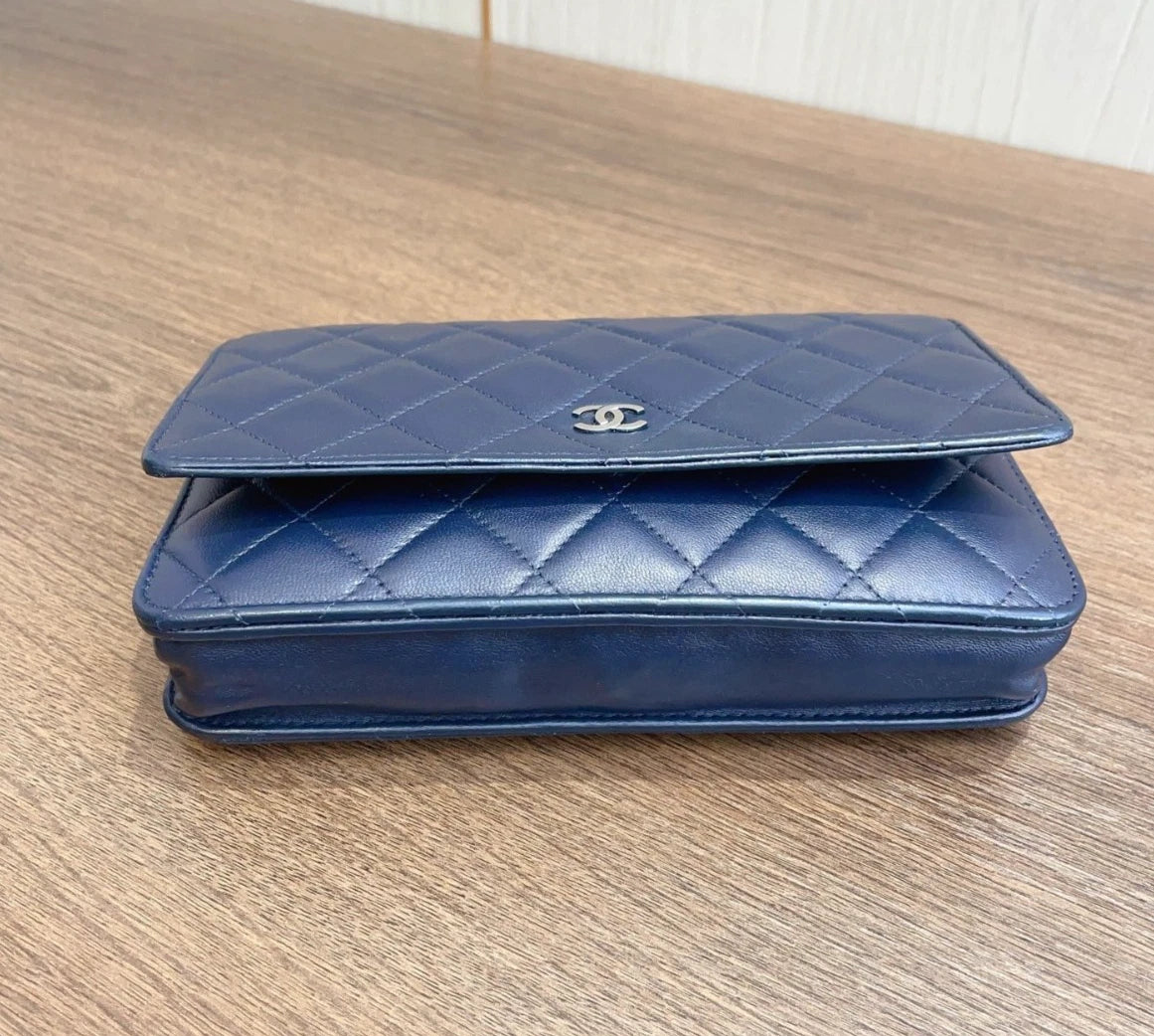 Chanel WOC Diamond Blue Shoulder Bag Crossbody Bag Sliver Hardware Women Classic