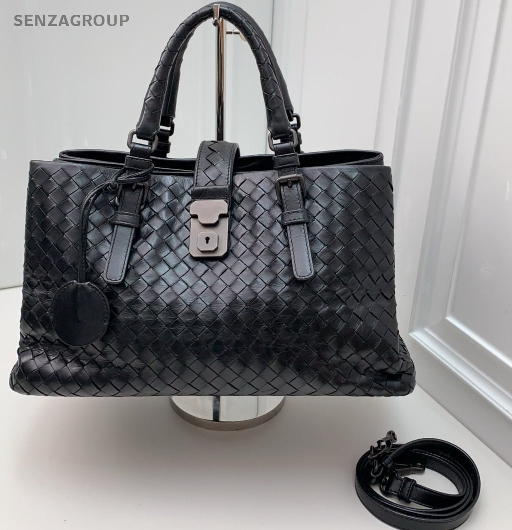 Bottega Veneta Classic Roma Intrecciato Top Handle Shoulder Crossbody Bag Black