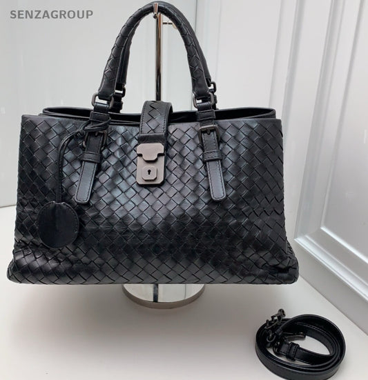Bottega Veneta Classic Roma Intrecciato Top Handle Shoulder Crossbody Bag Black