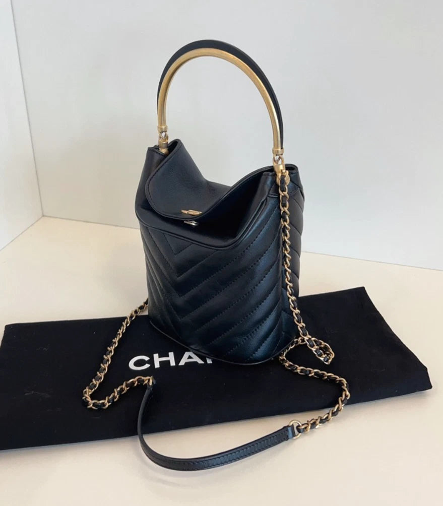 Chanel Paris-Hamburg Chevron Bucket TopHandle Bag Shoulder Bag Black Women