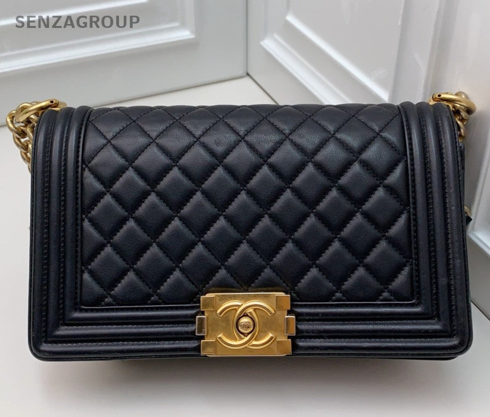 Chanel Leboy Chain Calfskin Shoulder Bag Black Gold Women Classic Diamond