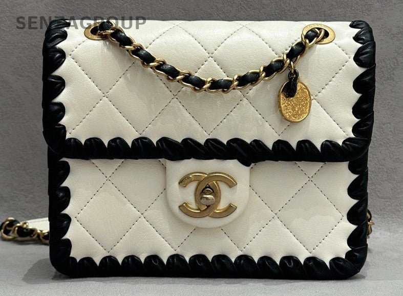 Chanel Chain 2Way Shoulder Bag Crossbody Black White Gold Women Classic Vintage