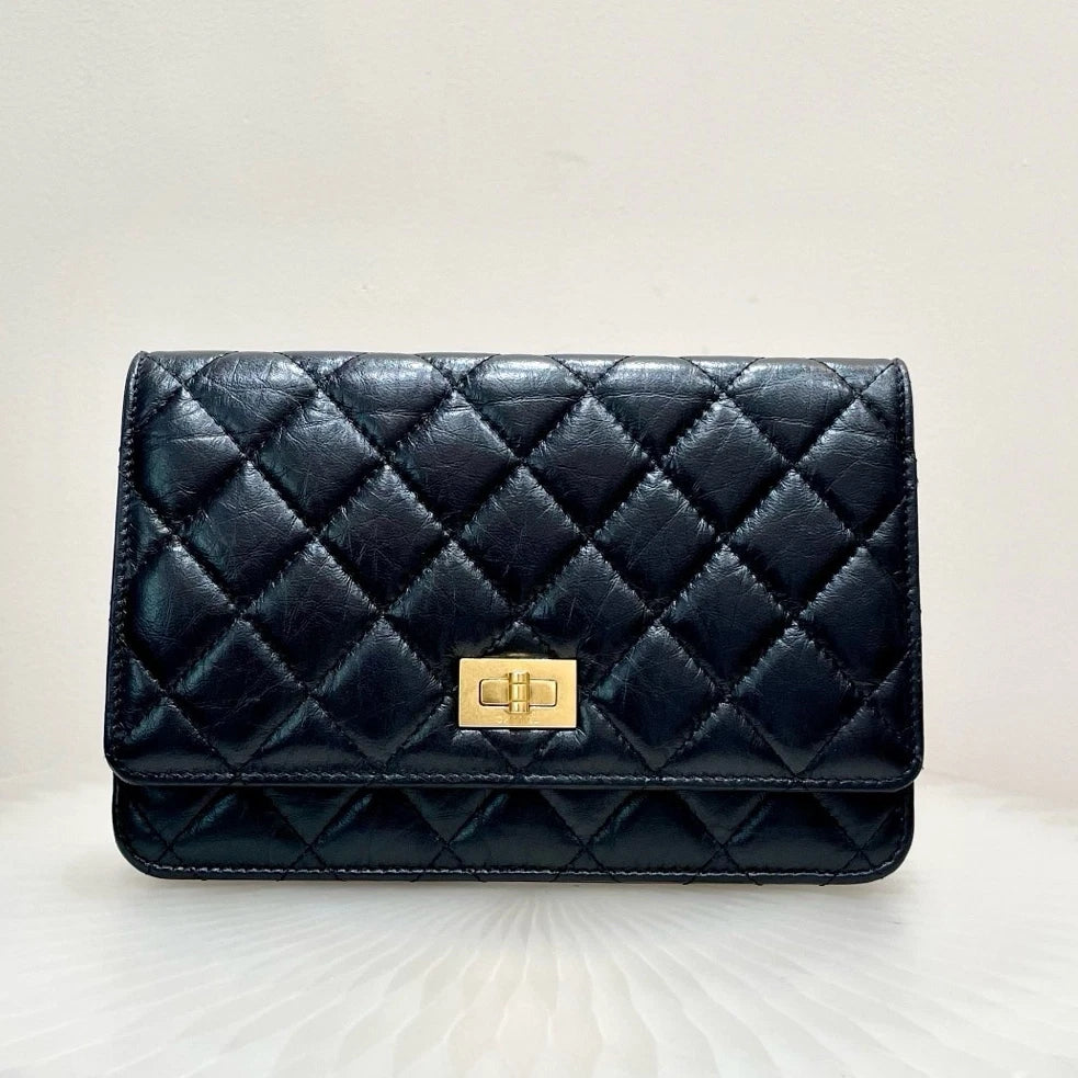 Chanel 2.55 WOC Calfskin Shoulder Bag Crossbody Black Gold Women Diamond