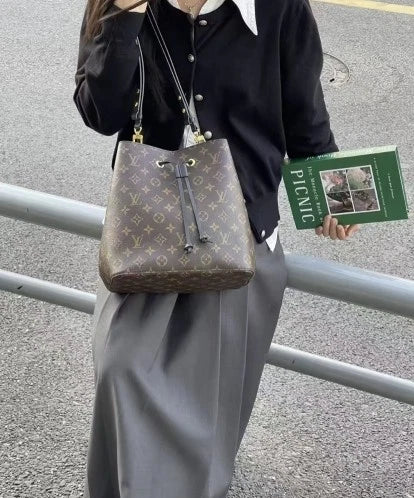 Louis Vuitton Black Monogram Canvas Bucket Crossbody Bag For Women