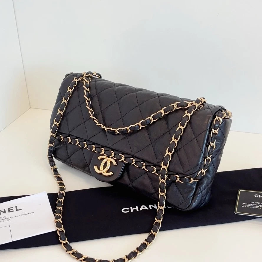 Chanel Classic Flap Jumbo Calfskin Chain Shoulder Crossbody Black Gold Women