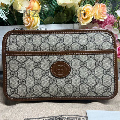Gucci GG Supreme Brown Zip Wristlet Clutch with Gold Hardware