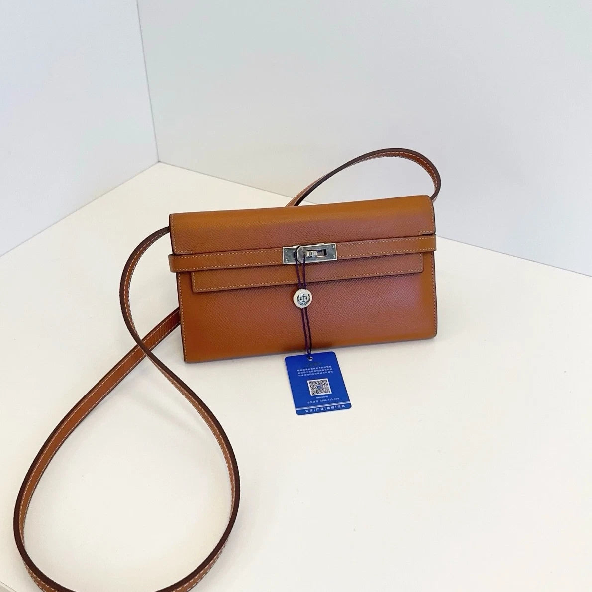 Authentic Hermes Kelly Long Wallet Epsom Shoulder Crossbody Bag Brown SHD