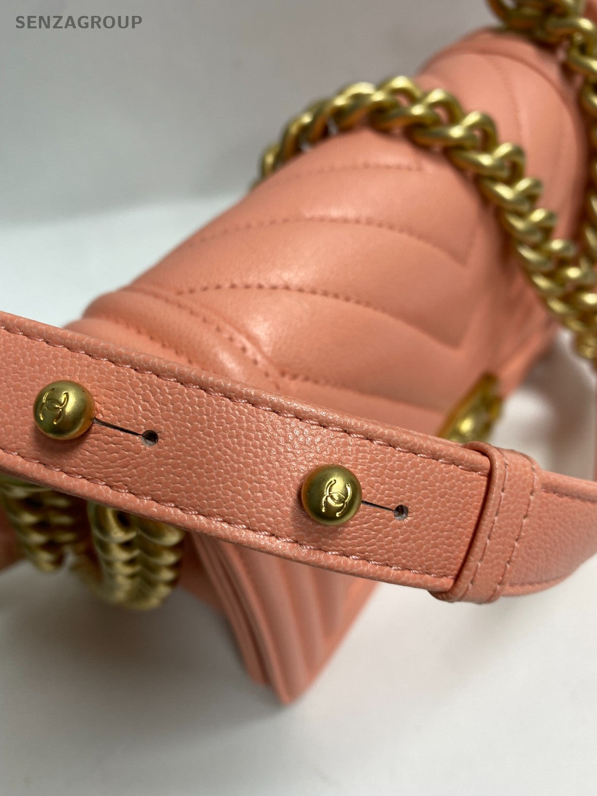 Chanel Leboy PM Chain Shoulder Bag Pink Gold Chevron Women Classic Fashion