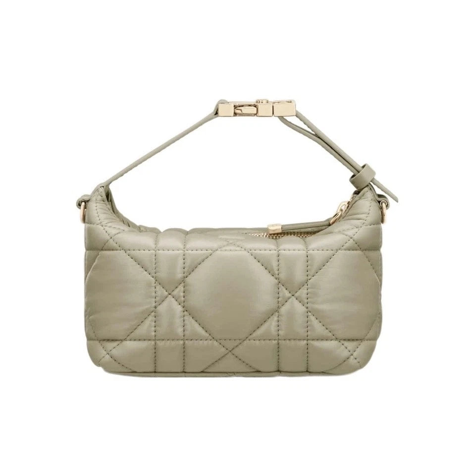 Dior Women Solid Large Checkered Leather Zipper Lunch Box Shoulder Bag