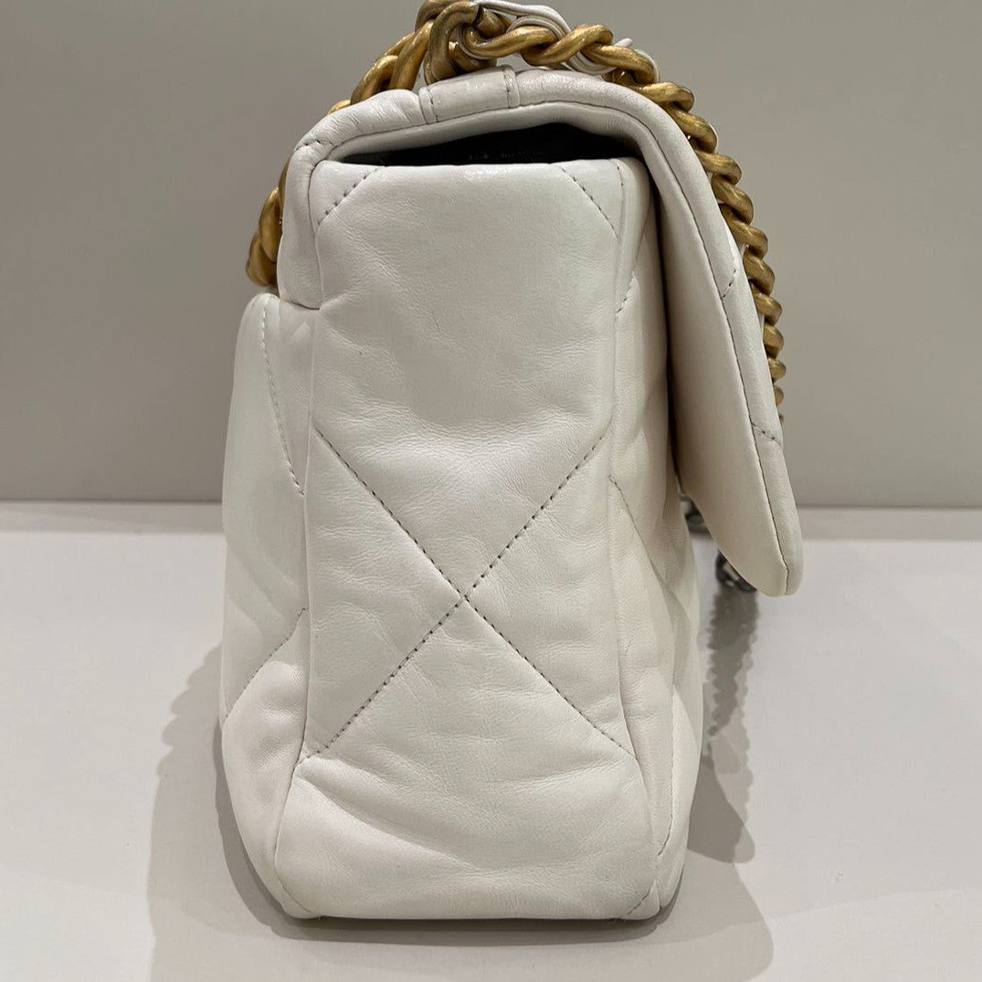 Chanel 19 Medium Quilted Bag White Gold Chain Shoulder Crossbody