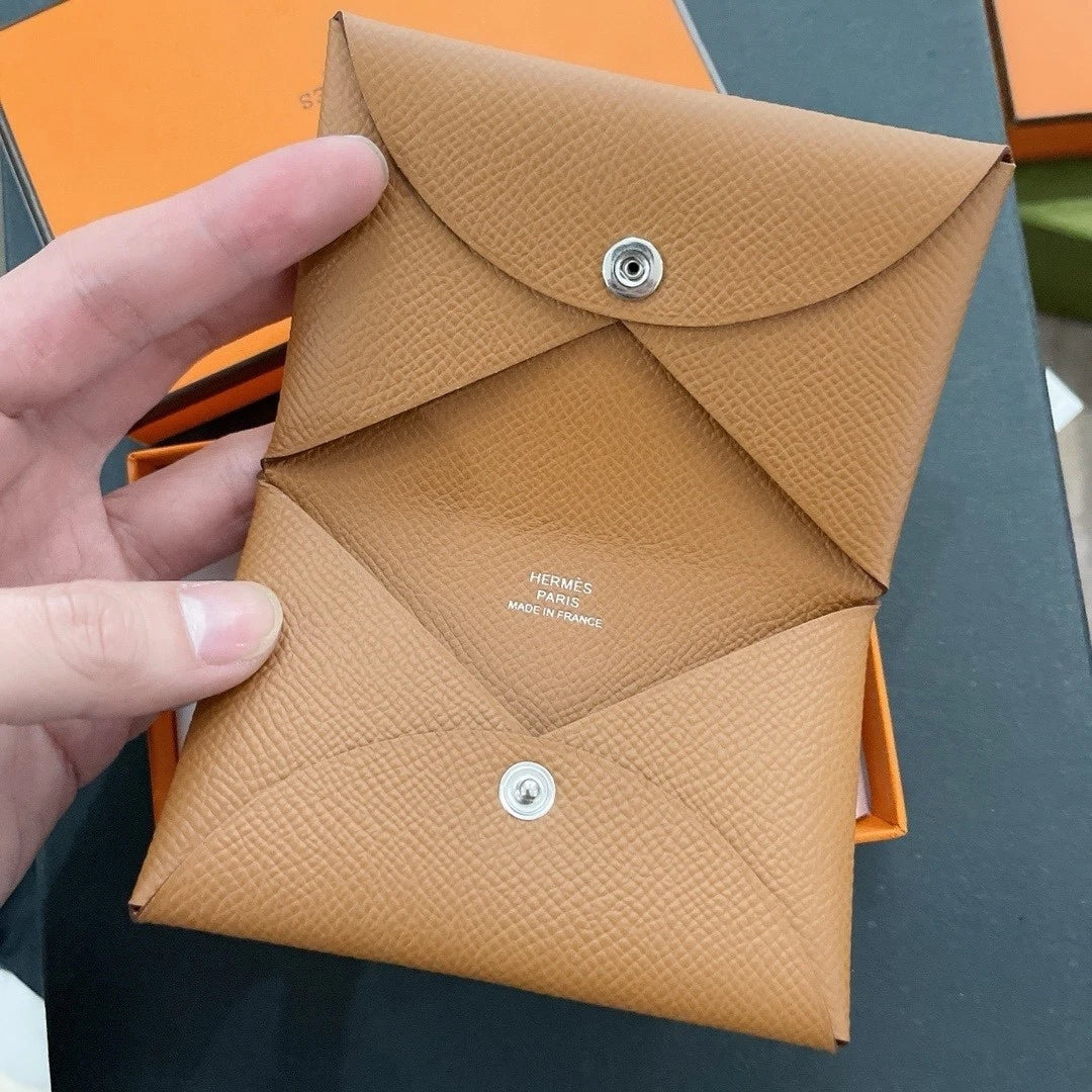 Hermes Calvi Silver Buckle Calfskin Card Wallet For Women Brown
