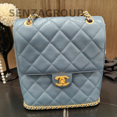 Chanel Blue Gold Camellia Quilted Chain Shoulder Backpack Classic Fashion