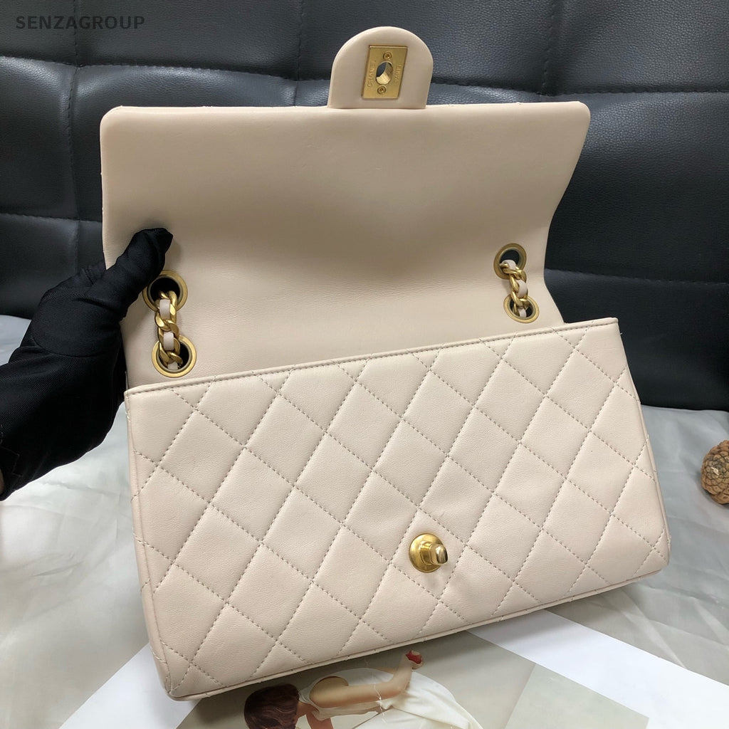 Chanel CF Quilted Flap Bag Beige Gold Chain Shoulder Crossbody Women Fashion