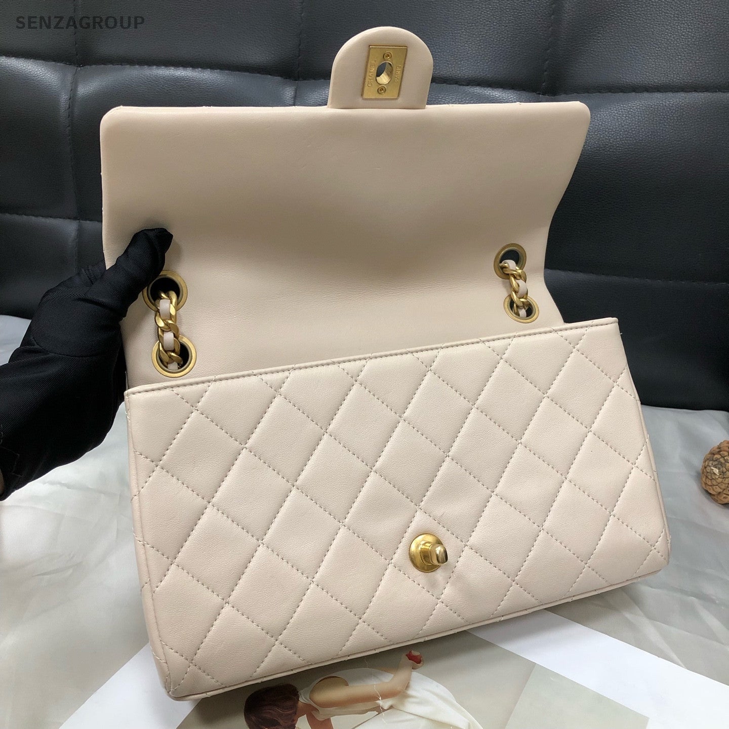 Chanel CF Quilted Flap Bag Beige Gold Chain Shoulder Crossbody Women Fashion