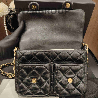 Chanel Black Gold Lambskin Messenger Chain Crossbody Bag Classic Women